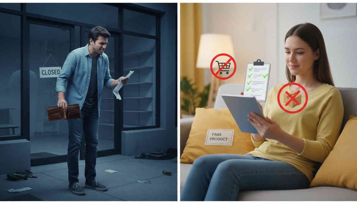 Split-scene: on the left a frustrated man outside a closed empty store holding an open wallet and receipt, on the right a calm woman on a sofa checking a digital checklist to avoid fake products—failed impulse福袋 purchase versus smart pre-check, emotional contrast between regret and安心感