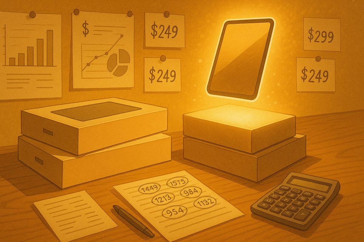 Warm golden desk with stacked anonymous tablet boxes, floating glowing tablet, price sheets, graphs, calculator and circled numbers—data-driven prediction of which iPad model hides in the 2026 Yodobashi lucky bag, nerdy joy and savings excitement