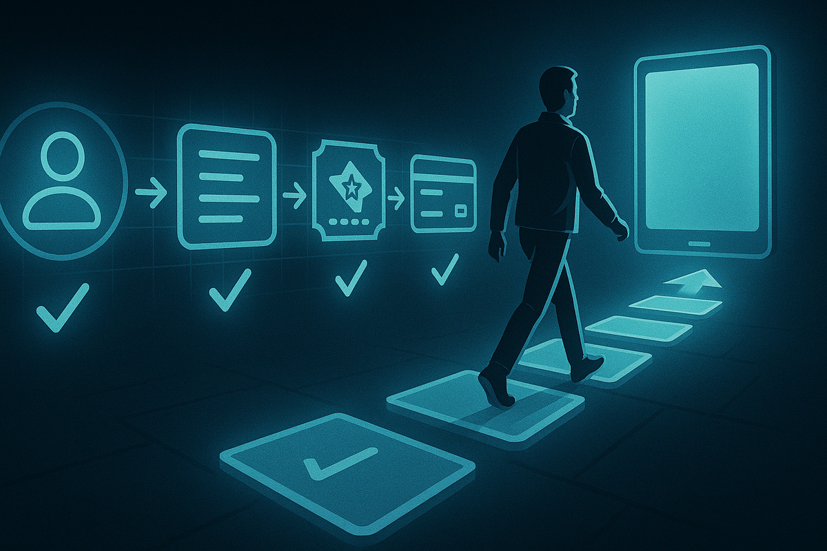 Futuristic teal pathway of glowing checkmark tiles—account icon → entry form → loyalty ticket → payment card—while a determined person strides toward a giant tablet at the end—crystal-clear step-by-step roadmap from Yodobashi iPad lottery entry to victory
