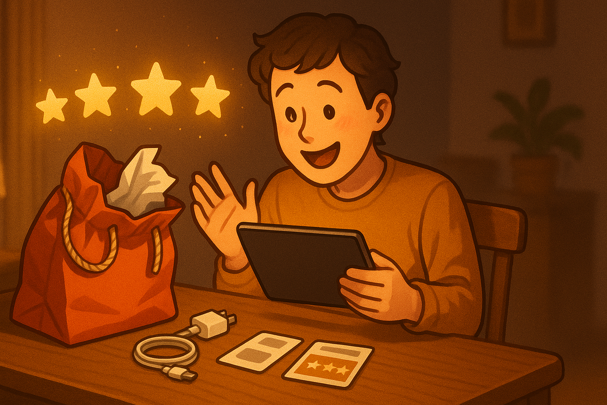 Cozy night unboxing scene: red lucky bag, new tablet, cable and accessories on the table, smiling owner rating it with floating four-star icons—honest Yodobashi iPad lucky bag 2025 review, warm satisfaction, relief that it was totally worth it