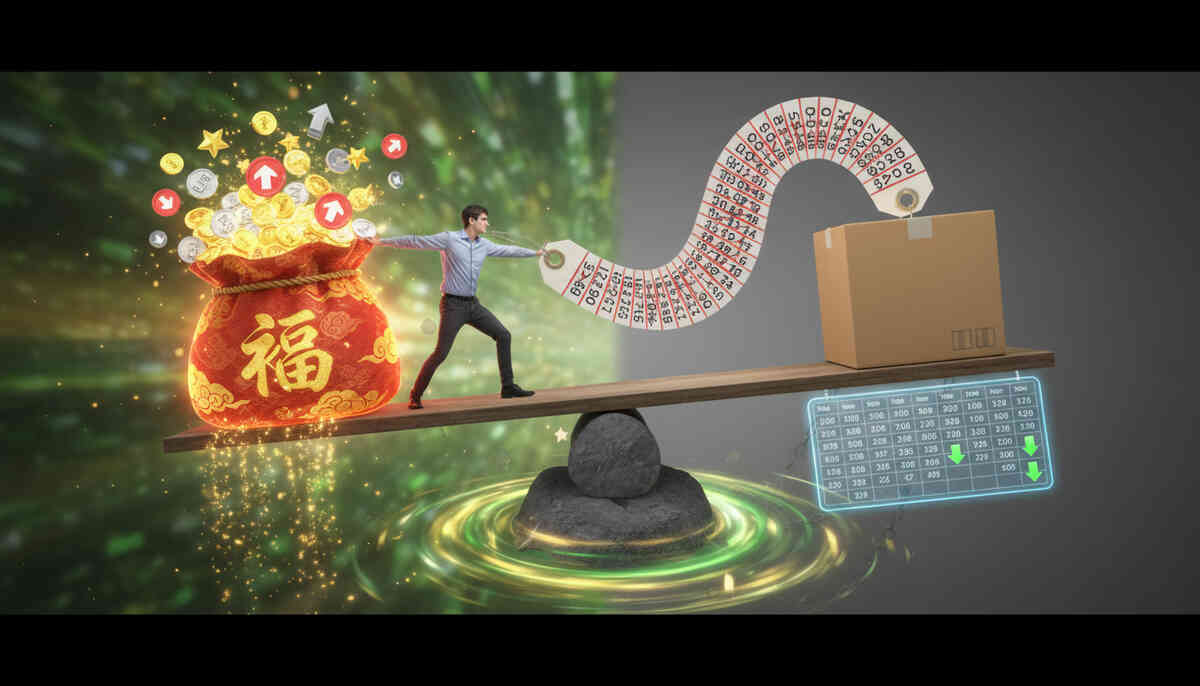 Surreal see-saw balance: on one side a bursting golden lucky bag spilling coins and arrows, on the other a plain cardboard box and long strip of price tags, a man carefully balancing between them above a glowing calendar—dramatic simulation of Yodobashi iPad福袋 vs regular purchase value, thrilling savings gamble