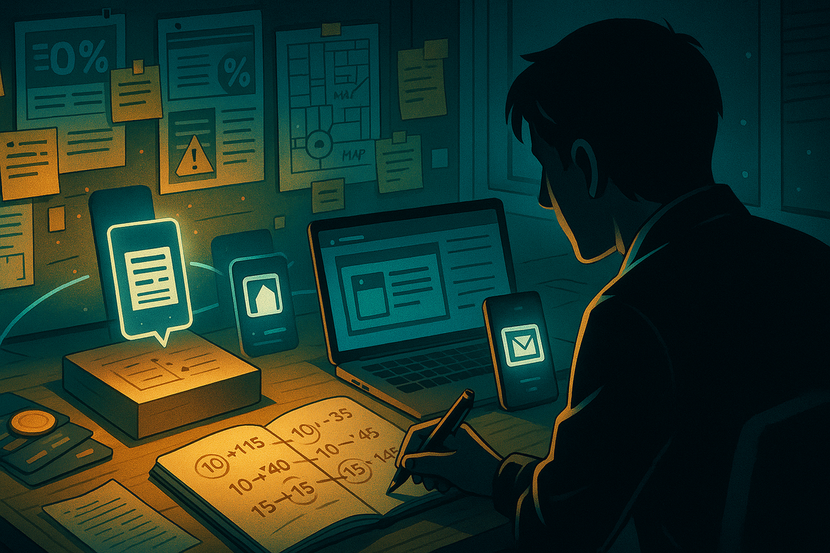 Late-night strategy desk with a focused shopper bent over a notebook of time slots and numbers, surrounded by glowing smartphone alerts, laptop screens, flyers and discount maps—intense war-room planning vibe for mastering Yamada lucky bag hacks before anyone else