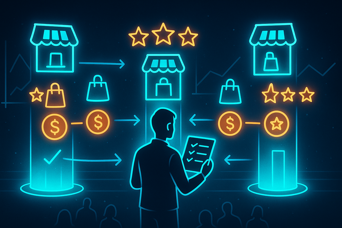 Futuristic comparison board showing three stylized store icons, shopping bags, coins and star ratings linked by arrows, while a person holds a checklist in the foreground—clear, data-driven battle of Yamada vs rival electronics chains to pick the smartest福袋 deal