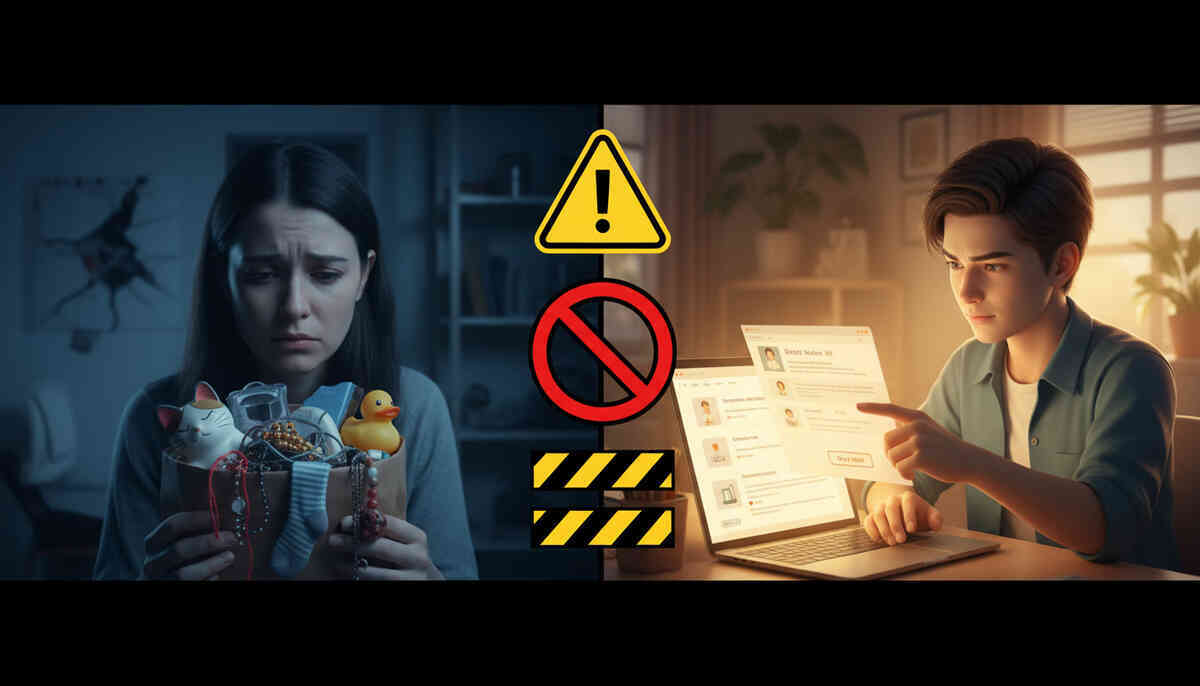 Split-scene warning: on the left a sad woman clutching a bag of random useless trinkets, on the right a calm shopper researching reviews and conditions on a bright laptop, big caution and “no” symbols in the middle—emotional contrast between福袋 regret and smart pre-purchase research