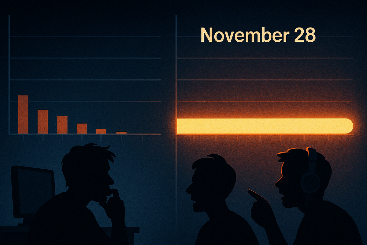 Stylized sales chart comparison—tiny fading bars for past drops vs one massive glowing bar labeled November 28, gamers in silhouette debating in front of the graph, suspenseful insight into a shockingly long flash sale night  