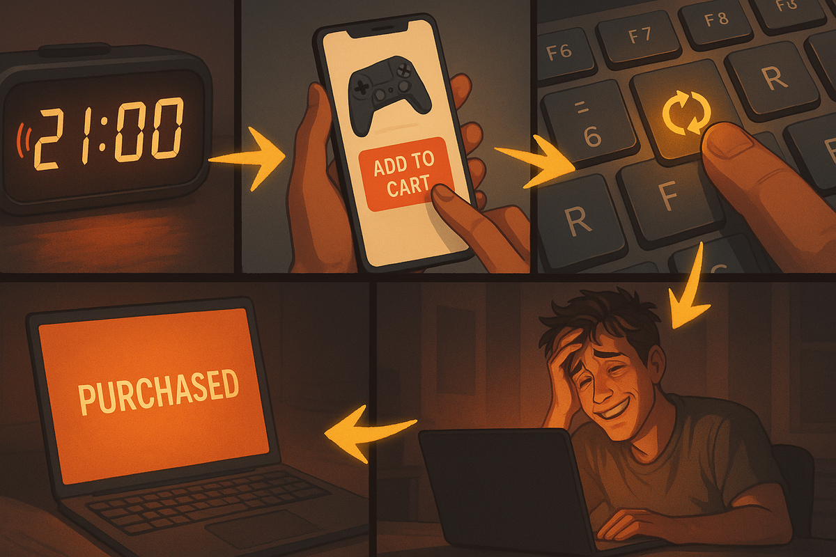 Storyboard of a victorious purchase—21:00 alarm, thumb hitting ADD TO CART, frantic refresh key, laptop flashing “PURCHASED,” exhausted gamer smiling with relief, warm cinematic glow capturing the emotional roller coaster of buying a rare console  