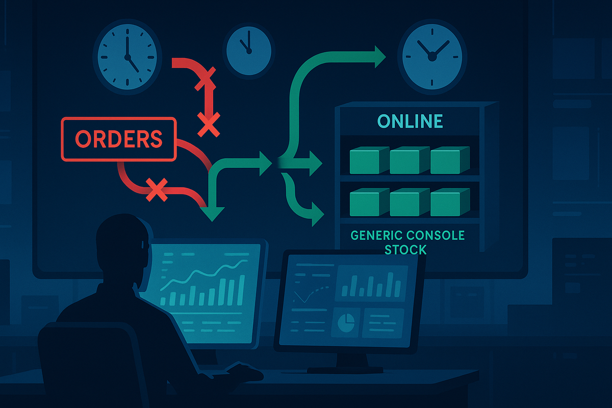 Control-room style stock flow diagram—red X marks canceling shady orders, green arrows returning generic console boxes to the online shelf, operator watching dashboards under blue monitors, cool behind-the-scenes look at hidden restock mechanics  