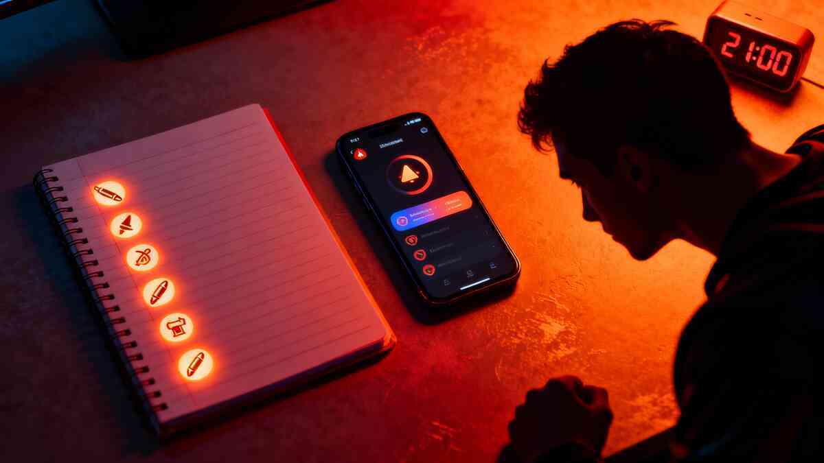 Focused gamer planning at a glowing desk—empty notebook, bright alert app on smartphone, 21:00 clock ticking closer, orange light reflecting on a determined face, quiet tension and hopeful preparation before the next console drop  