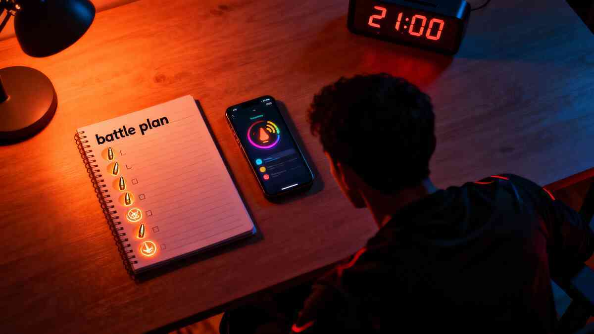 Top-down “battle plan” workspace—notebook titled battle plan with glowing checklist icons, smartphone alarm app ready, 21:00 digital clock, lone gamer strategizing at a warm wooden desk, disciplined pre-war energy before a fierce flash sale  