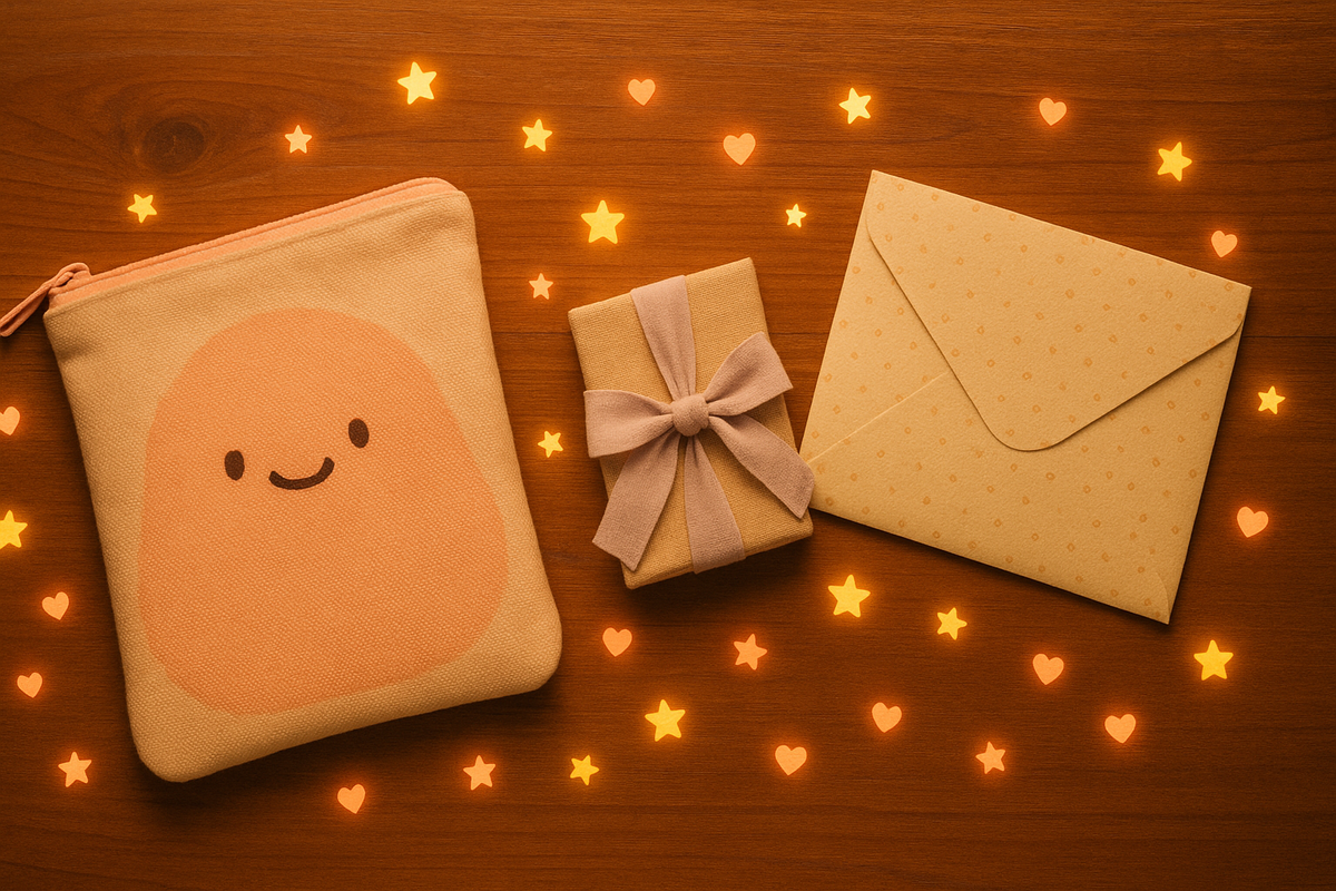 Cute flat-lay of a smiling pastel pouch, ribbon-wrapped gift box, and special envelope on a wooden desk—surrounded by glowing stars and hearts, soft collector mood and heartwarming limited bonus feel  