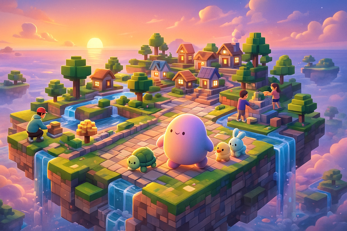 Floating blocky island at sunset—tiny houses, waterfalls and trees, round pastel creatures and kids peacefully building together—serene sandbox village that blends cozy life-sim and creative adventure, soothing escapist energy  