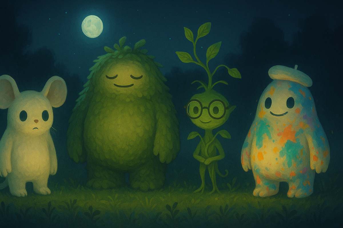 Line-up of quirky creatures under a full moon—a pale shy mouse, moss-covered gentle giant, bookish plant with glasses, and paint-splattered blob—whimsical alternate forms radiating mysterious, lovable nighttime charm  