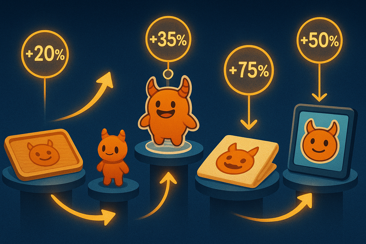 Comparison lineup of monster-themed merch on glowing pedestals—wooden tray, mini figure, cloth item, framed art—each crowned with rising percentage bubbles, playful ladder of bonus value and upgrade excitement  