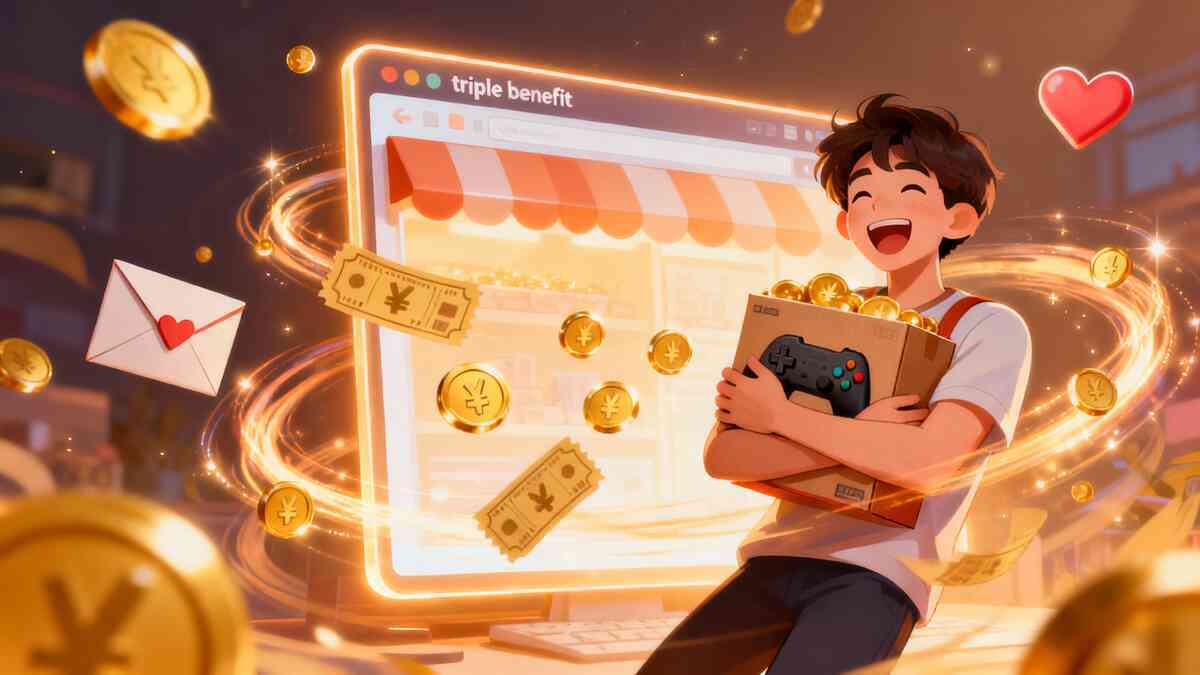 Overjoyed teen hugging a game console box in front of a bright online shop screen—gold coins and coupons swirling like a golden storm, hearts and letter icons flying, ecstatic triple-benefit feeling of points, bonuses, and savings  