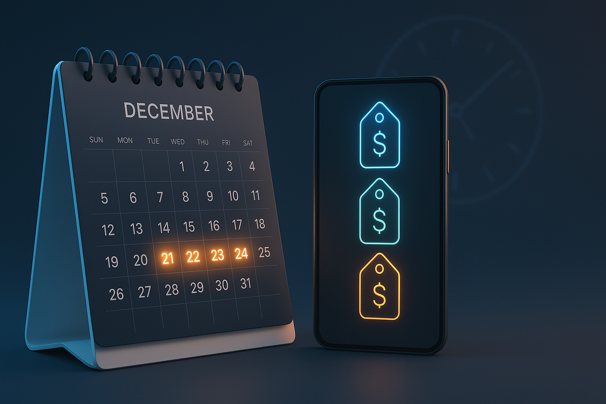 December calendar glowing with key sale dates beside a neon-tag smartphone—calm midnight mood, strategic anticipation, rising buying tension, data-driven shopping excitement