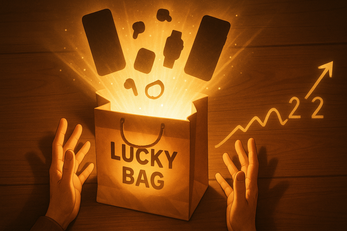 Lucky bag bursting with glowing gadgets—floating phones, watches, accessories under warm golden light, hopeful surprise energy, whimsical anticipation, irresistible treasure feeling