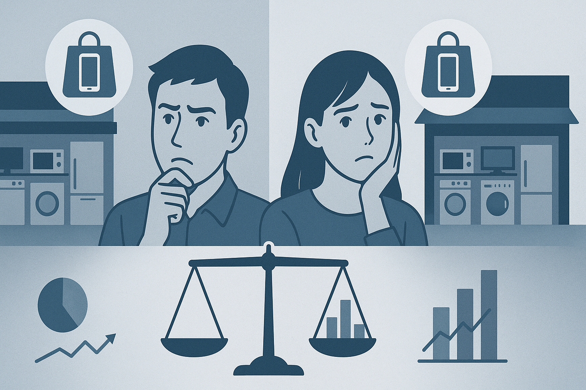 Thoughtful shoppers weighing two electronics stores—muted blue analytics vibe, balance scale, charts, quiet dilemma, calm decision-making tension, smart value-seeking emotion