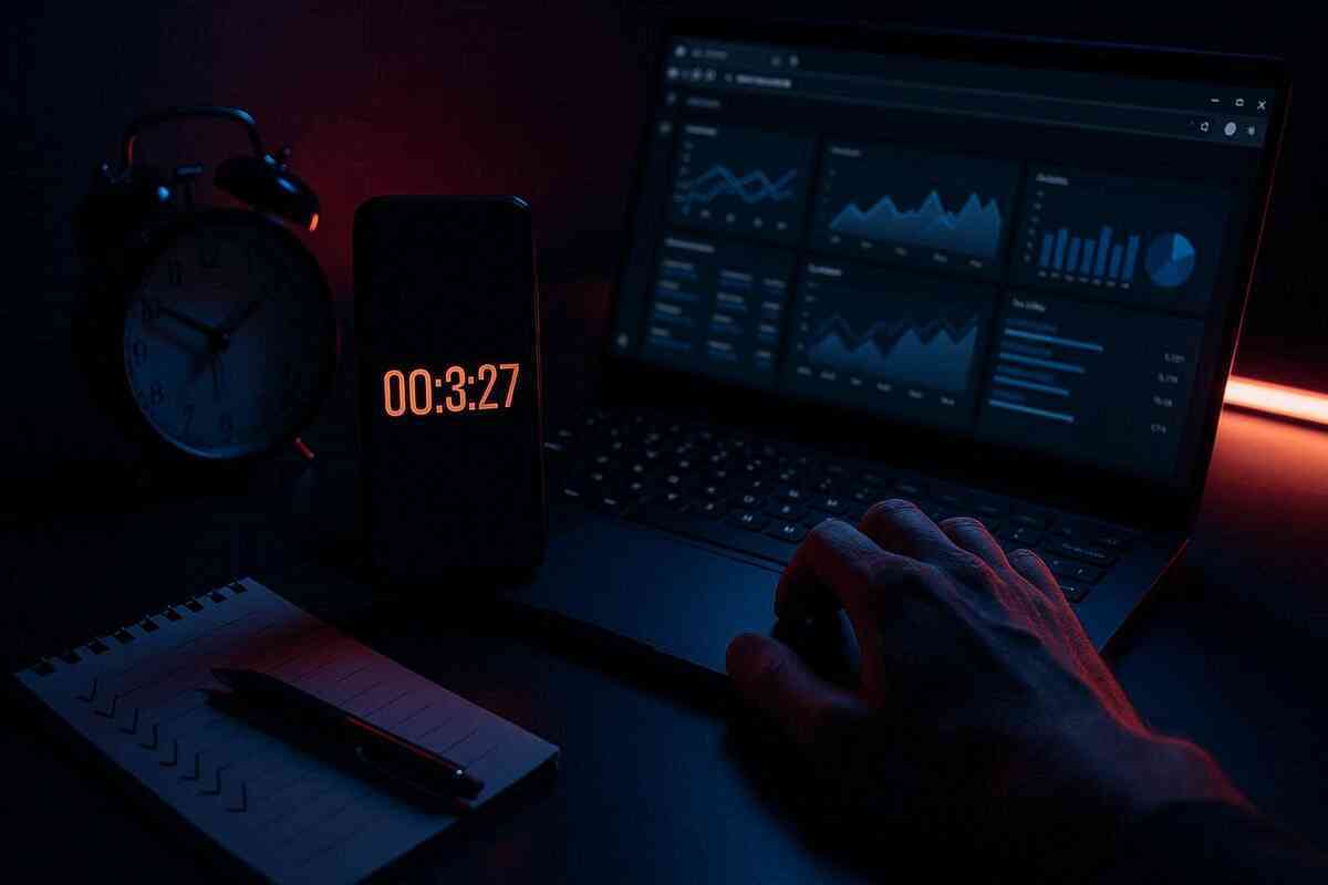 Late-night battle desk with countdown phone, glowing analytics laptop, alarm clock and checklist—stealthy determination, pre-dawn strategy tension, focused adrenaline, digital war-room mood