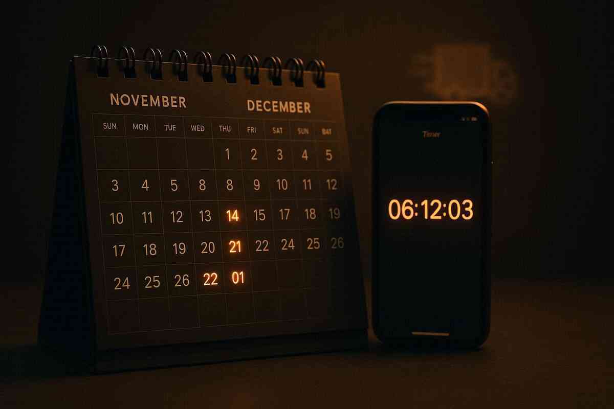 Dark desk calendar showing November and December with key lottery dates glowing, next to a countdown timer on a smartphone—urgent deadline energy, quiet late-night tension, “don’t-miss-the-entry” anxiety mixed with hopeful excitement