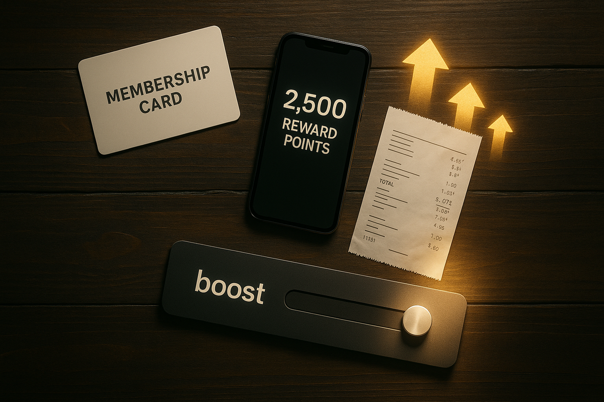 Membership card, receipt, and smartphone displaying reward points around a glowing “boost” slider—lottery luck-upgrade ritual, strategic spending vibes, thrilling feeling that every purchase quietly powers up your winning chances