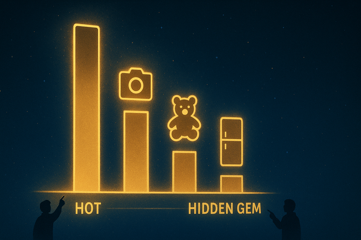 Glowing golden bar chart in the night sky—from HOT to HIDDEN GEM—with icons for camera, toys, and appliances, tiny people pointing in awe—drama of倍率 rankings, dreamy contrast between dream picks and secretly easy wins