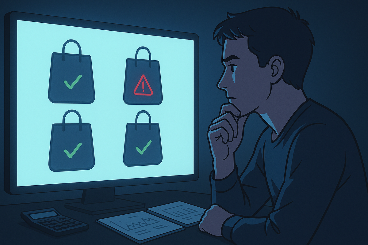Young man staring at a bright monitor filled with lucky-bag icons marked with green checks and a red warning sign—serious midnight dilemma, analytical tension, emotional battle between temptation and smart, safe choices