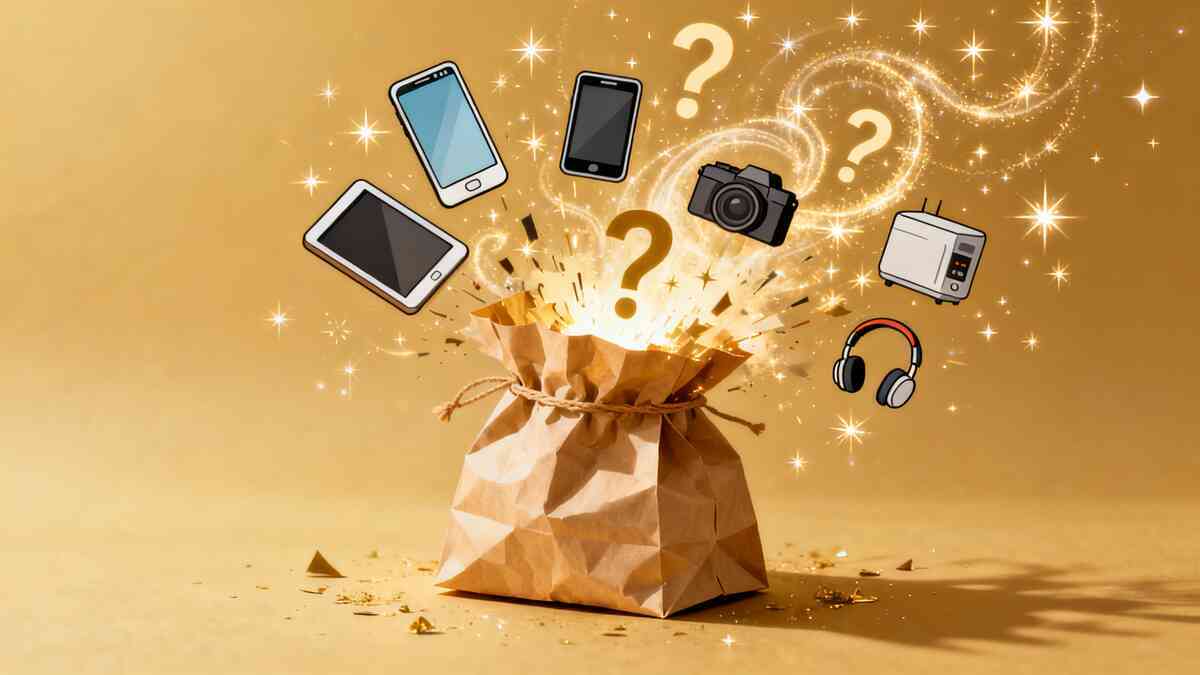 Paper lucky bag exploding in golden light, question marks swirling with icons of phones, tablets, camera, headphones, and home appliances—sparkling surprise energy, joyful curiosity, pure “what will I get?” lottery fantasy