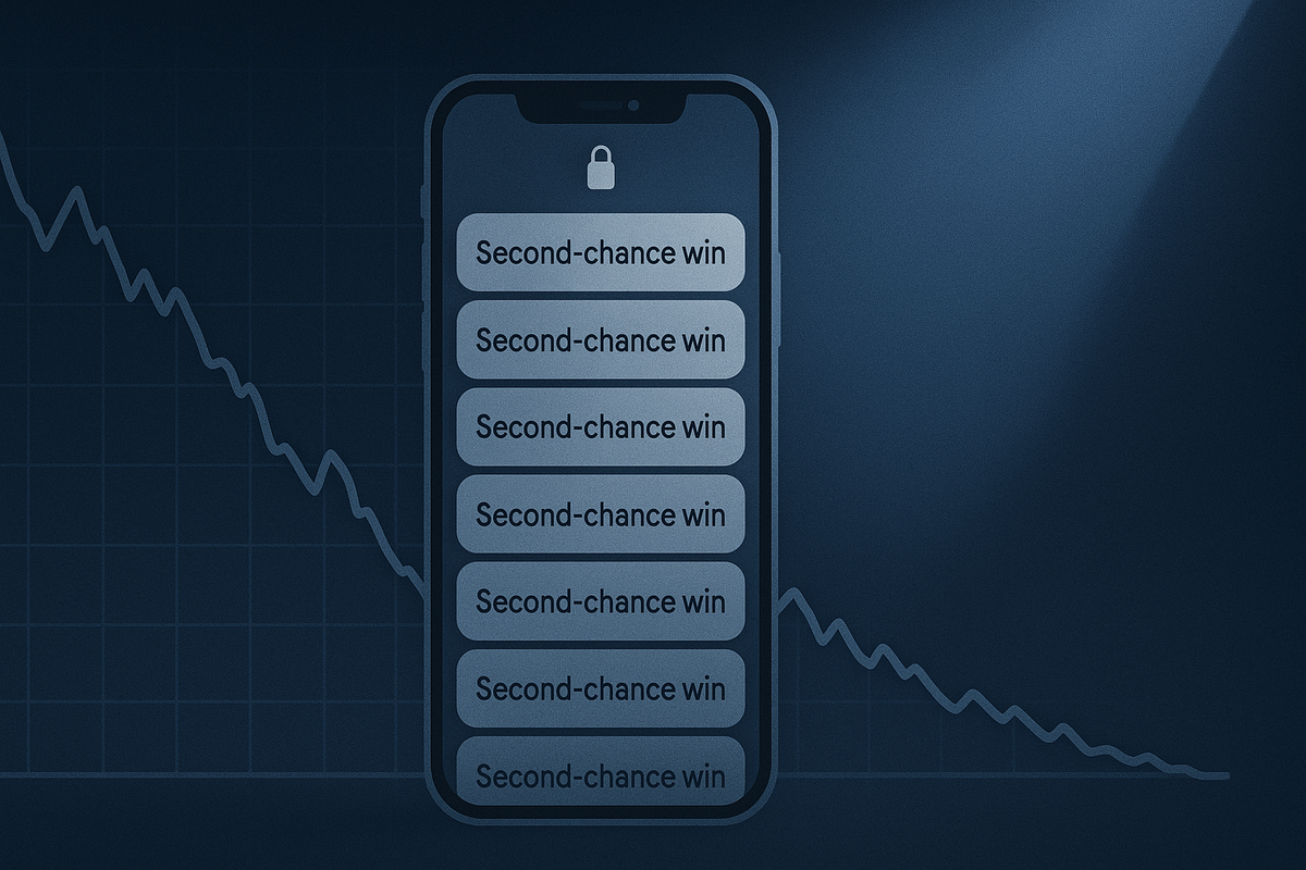 Smartphone screen stacked with “second-chance win” notifications against a fading downward倍率 graph—magical comeback moment, against-the-odds hope, quiet joy of people who kept believing in one more shot