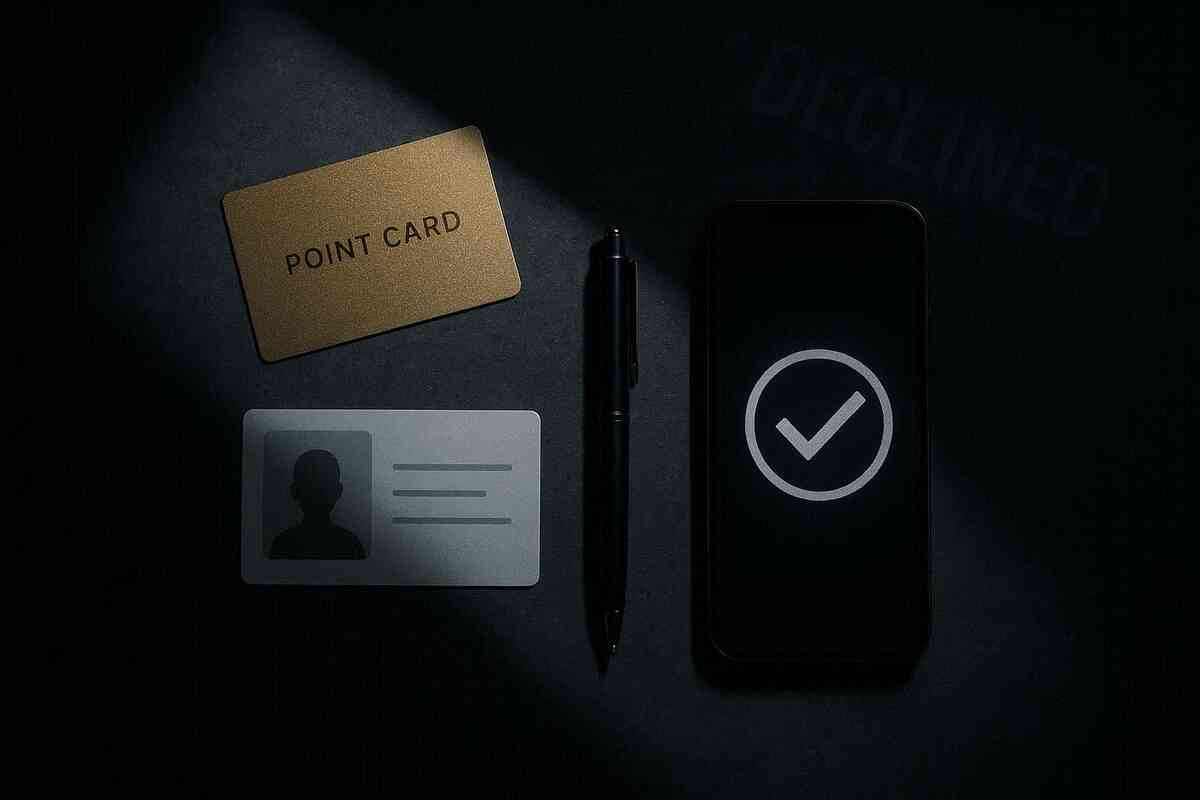 Golden point card, ID, pen, and smartphone with a bold checkmark glowing in a dark spotlight—serious approval mood, quiet tension turning into relief as every requirement to buy the console is finally met