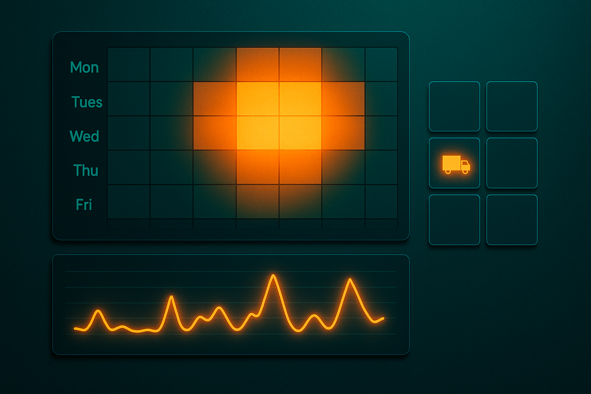 Neon analytics dashboard—weekday heat map blazing in the middle and delivery-truck icon lit up beside a spiky restock graph, data-driven excitement revealing the secret sweet spot to catch surprise console stock