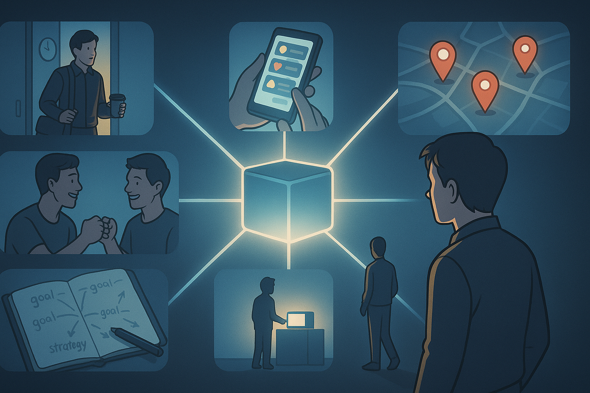 Strategy collage around a glowing cube—early-morning coffee run, SNS alerts, map pins, fist-bump with a friend, goal notebook, and store counter scene, all linked together in one hopeful roadmap to a successful Switch2 hunt
