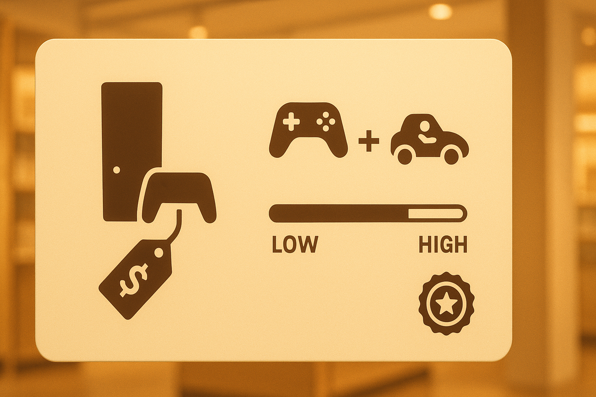 Minimalist in-store sign with console-and-controller icon, gamepad plus racer bundle symbols, and a LOW→HIGH value bar near the top—warm showroom glow, inviting sense of “bundle deal, high satisfaction, smart pick”