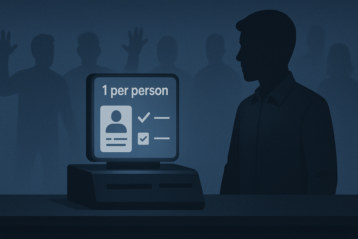Checkout screen reading “1 per person” with ID and checklist icons glowing against dark silhouettes of the waiting line—firm yet fair protection mood, reassuring honest buyers while quietly pushing scalpers back