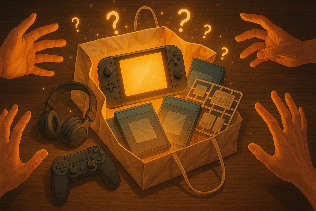 Paper game lucky bag spilling out a glowing handheld console, controllers, headphones, games, and model-kit parts, surrounded by question marks and eager hands—thrilling mystery haul, jackpot feeling, irresistible “what’s inside?” excitement