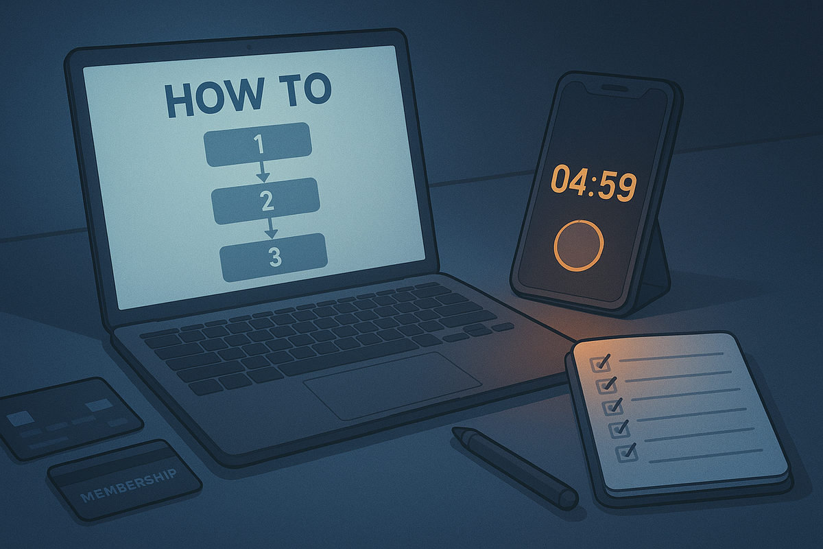 Late-night battle desk with a laptop showing a simple HOW TO flow, phone timer at 04:59, membership and credit cards, and a fully checked checklist—step-by-step game lucky-bag purchase routine, focused preparation, zero-mistake mindset
