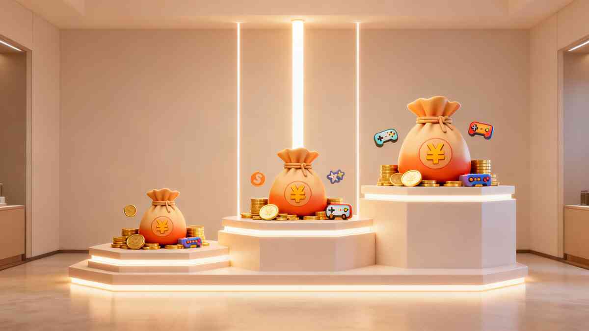 Three stylized money bags on illuminated podiums, stacked with coins and playful gamepad icons—tiered price ranges for game lucky bags, from budget to premium, clean showroom vibe that invites readers to find their perfect value zone