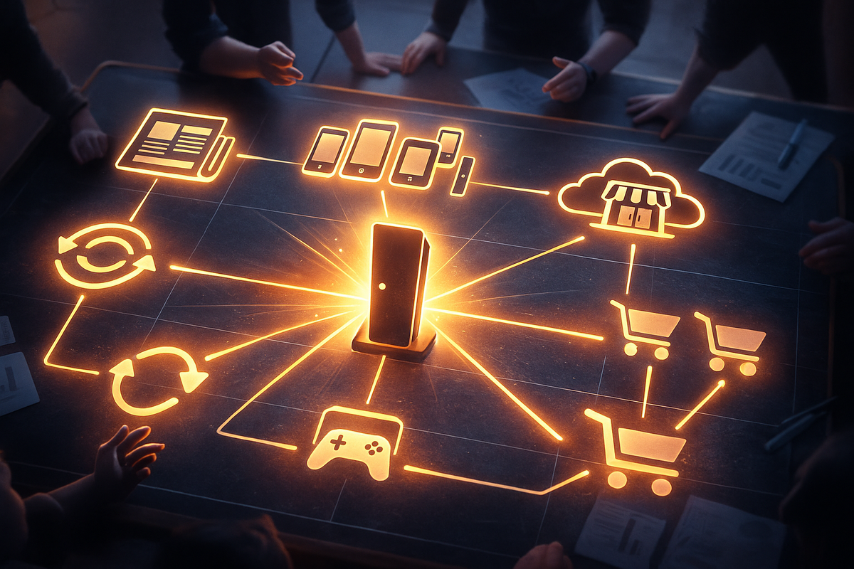 Glowing strategy board centered on a smartphone, neon lines connecting flyers, multiple devices, store icon, refresh arrows, gamepad, and shopping carts—intense war-room energy, omnichannel game-luck hunt, one decisive plan to secure the bag