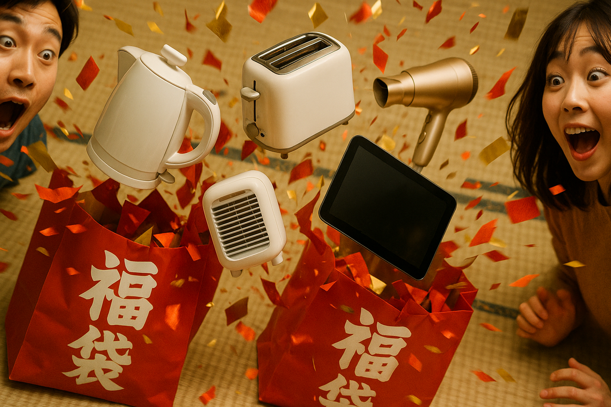 Red New Year lucky bags bursting open on tatami, electric kettle, toaster, heater, hair dryer and tablet flying into the air, golden confetti everywhere, couple screaming with joy—emotional K’s Denki home-appliance fukubukuro unboxing, surprise, abundance, cozy winter upgrade vibe