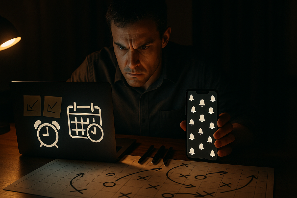 Serious night-owl shopper at a desk, laptop covered in glowing alarm clock and calendar icons, smartphone screen full of bell notifications, hand-drawn tactics map on the table—war-room strategy to secure limited K’s Denki lucky bags online, disciplined preparation, tension and determination
