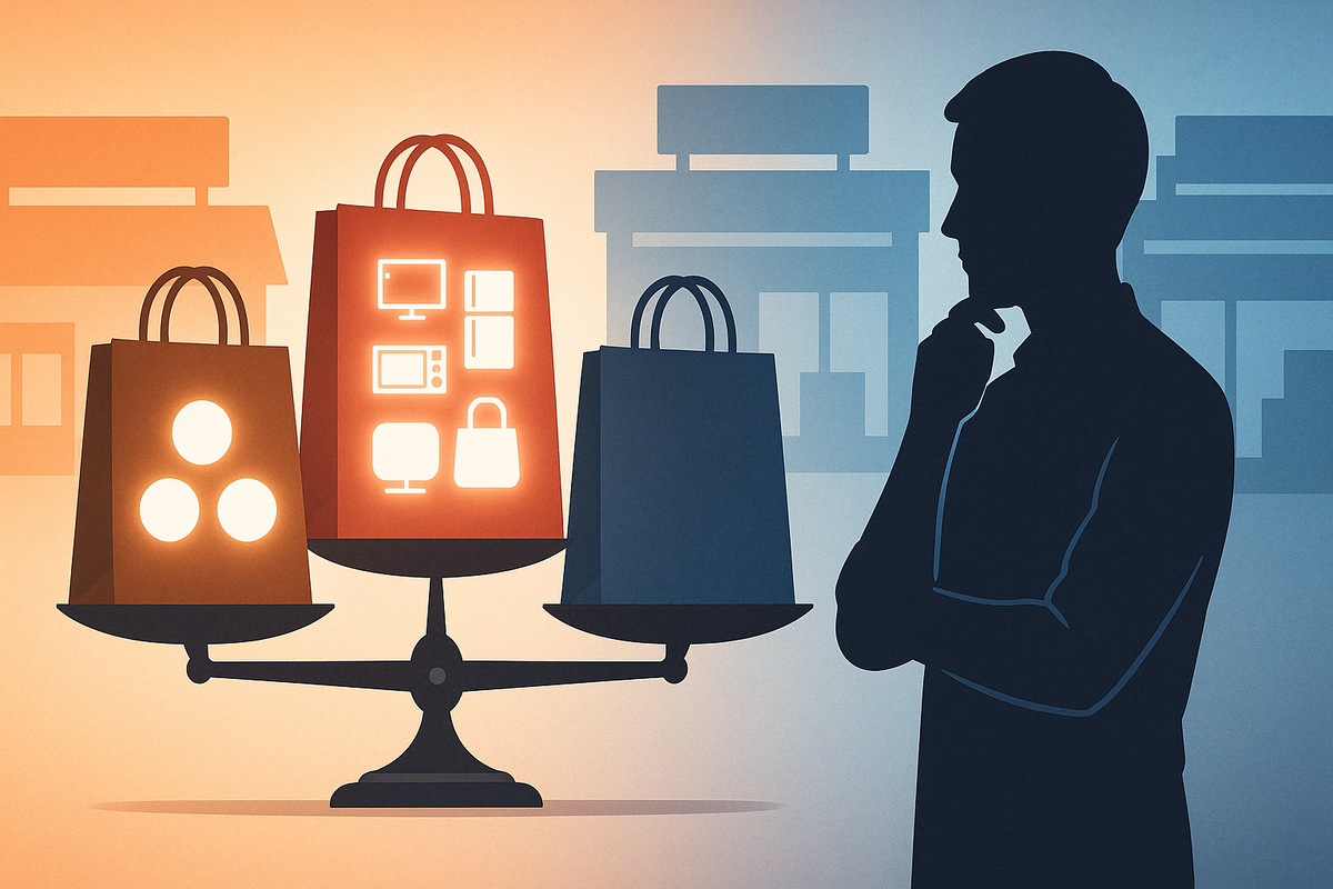 Illustrated shopper silhouette comparing three lucky bags on a balance scale, one bag glowing with icons of TV, fridge, microwave and PC, abstract electronics stores in the background—calm yet decisive mood of weighing K’s Denki fukubukuro value against rival chains, pros and cons at a glance