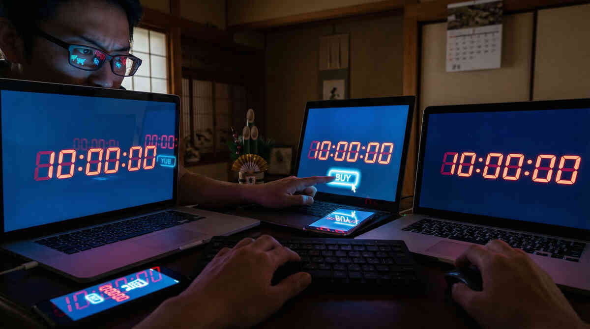 The intense seconds before 10:00—multiple devices ready, eyes locked on the buy button for limited lucky bags.
