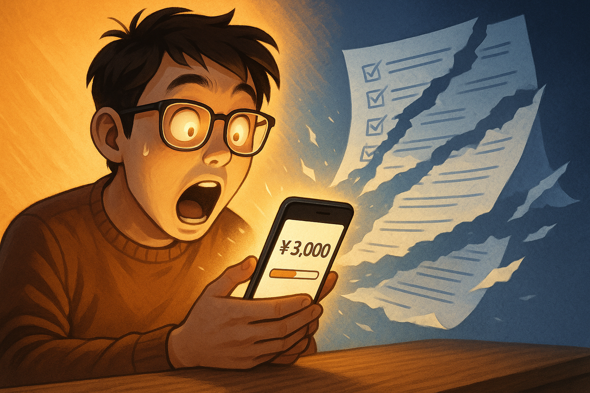 Cartoon shopper gasping at a smartphone showing a simple ¥3,000 bar while a long checklist rips to shreds behind him—shock, relief, and joyful disbelief at dramatically relaxed purchase conditions