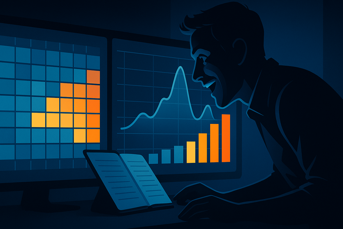 Silhouette trader grinning at dual monitors filled with a bright heatmap, line chart, and rising bar graph—data-driven discovery of the best days and times to buy, analytical yet wildly excited mood