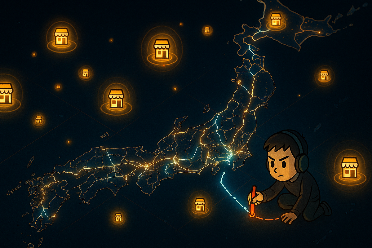 Glowing Japan map at night with dozens of warm store icons and a determined chibi gamer drawing a bold travel route—nationwide strategy journey to hit the most promising console stores, adventurous and game-like energy