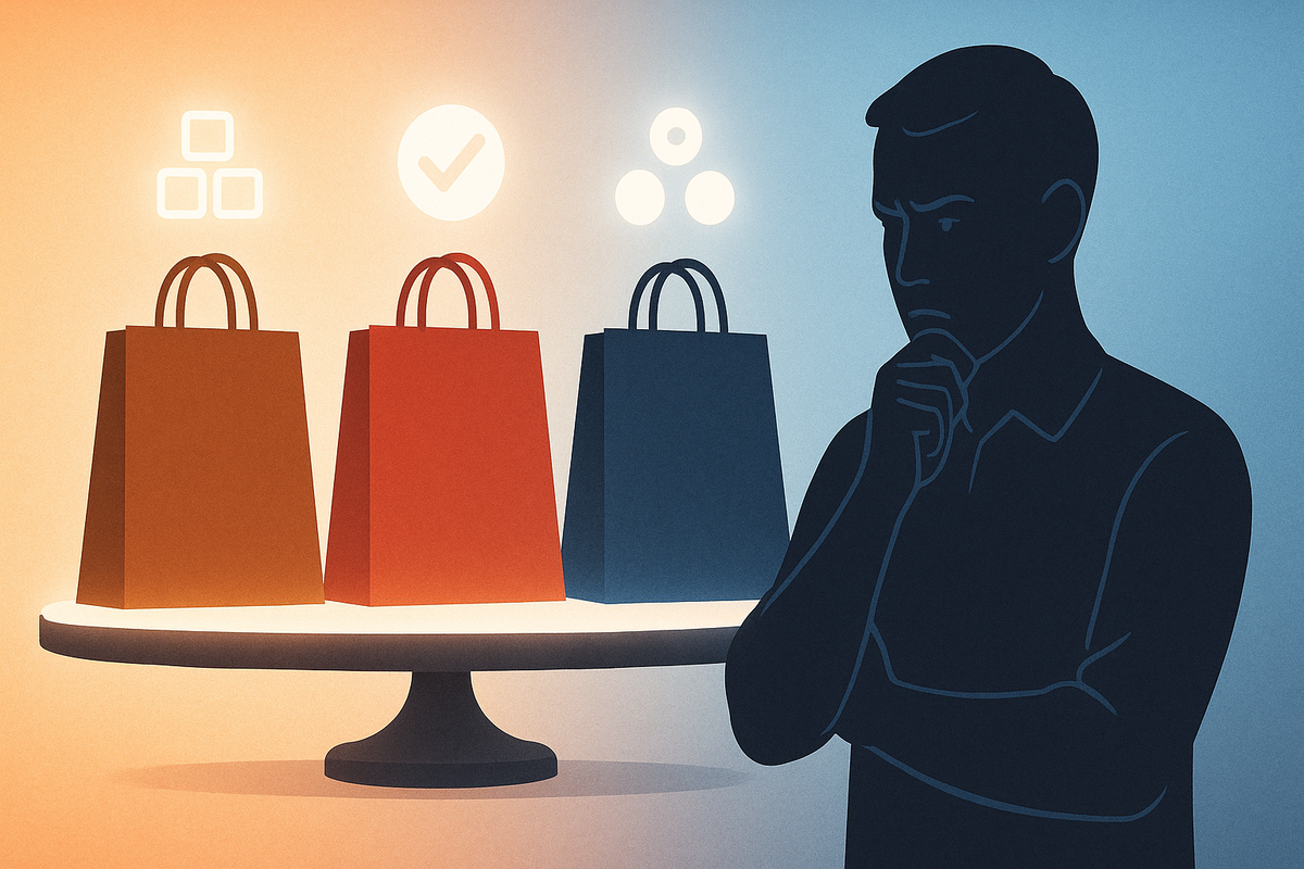 Thoughtful shopper silhouette staring at three colored shopping bags on a balanced pedestal, soft warm–cool gradient in the background—calm but serious moment of choosing the smartest store and deal, comparison anxiety turned into clarity