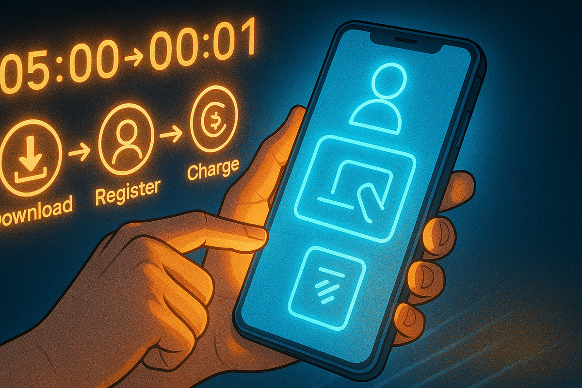Close-up of hands setting up a payment app—smartphone glowing with registration and charge icons while a bright “05:00 → 00:01” countdown floats beside it, urgent yet empowering feeling that you can finish majica setup in minutes and be instantly ready to buy