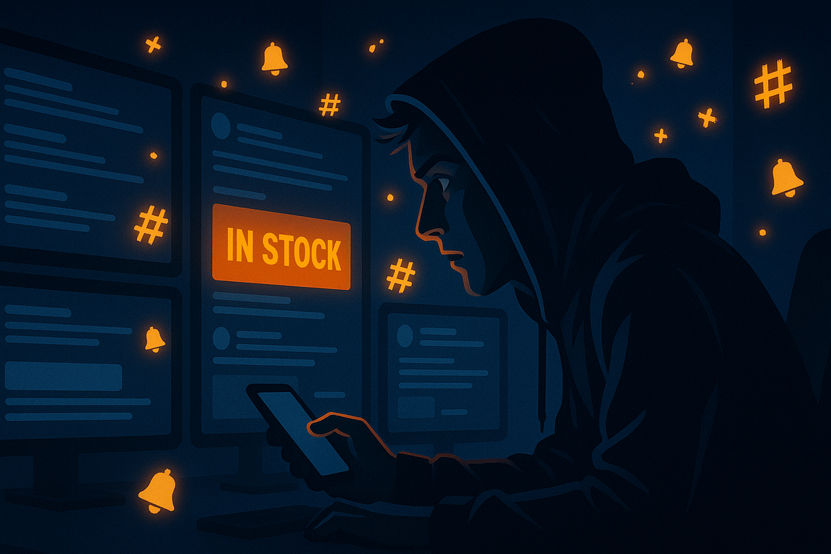 Hoodie-wearing gamer lit by multiple monitors at night—timelines scrolling on screens, orange “IN STOCK” alert blazing, hashtag and bell icons floating like fireflies, intense hunter mode capturing real-time SNS stock info before anyone else
