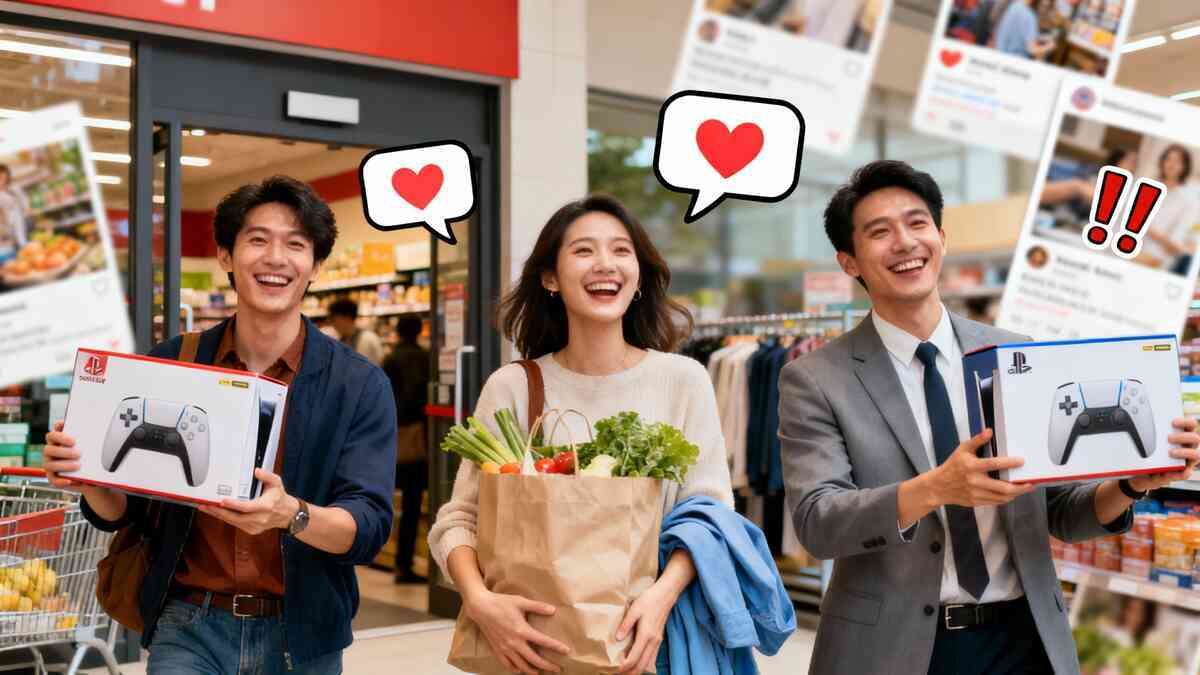 Three smiling shoppers walking out of a store—two proudly holding game console boxes, one hugging a bag of fresh groceries, social posts with hearts and exclamation marks floating behind them, warm everyday happiness of “I casually dropped by Donki and actually got a next-gen console”