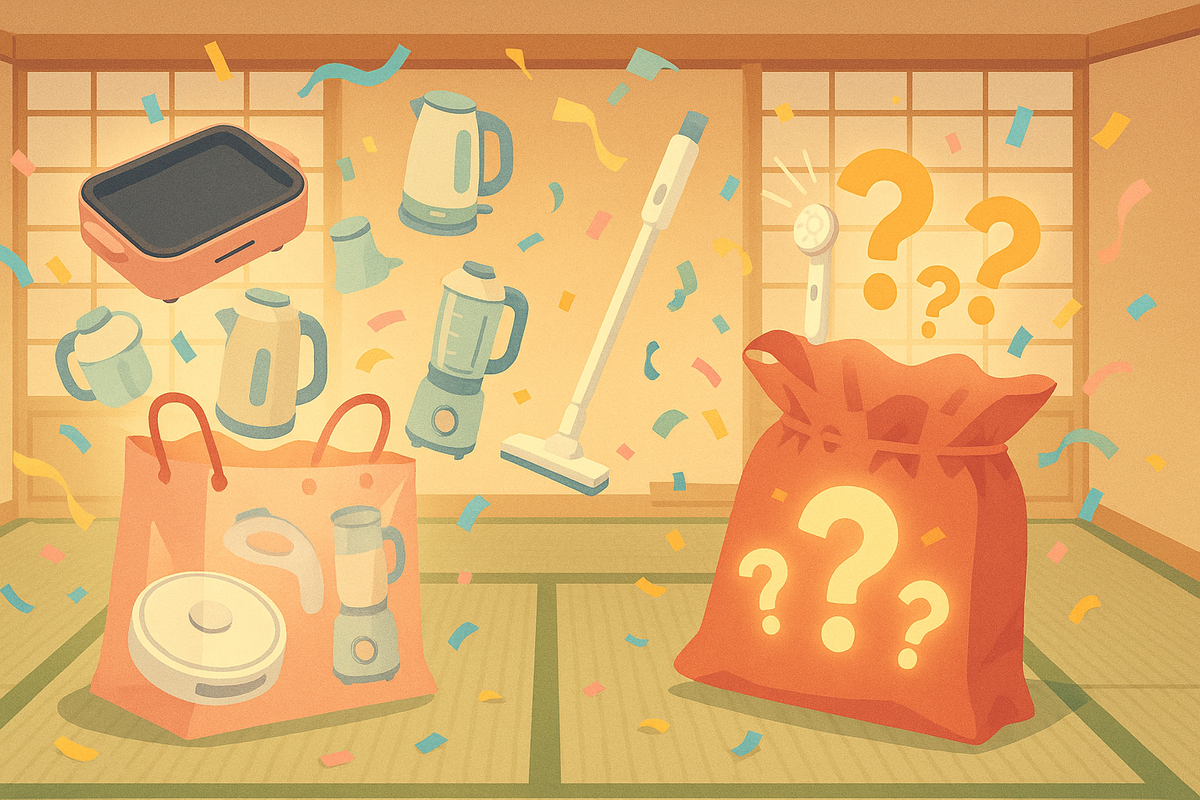 Tatami room with two lucky bags: one transparent bag spilling out blenders, kettles, and a vacuum, the other sealed with big glowing question marks—comparison between reveal-style and mystery home-appliance lucky bags, playful excitement and risky thrill