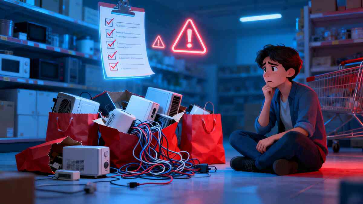 Worried shopper sitting on a store floor beside red lucky bags overflowing with mismatched home appliances and tangled cables, glowing warning icons and checklist hovering above—emotional lesson about choosing Rakuten lucky bags wisely, avoid regret and wasted money